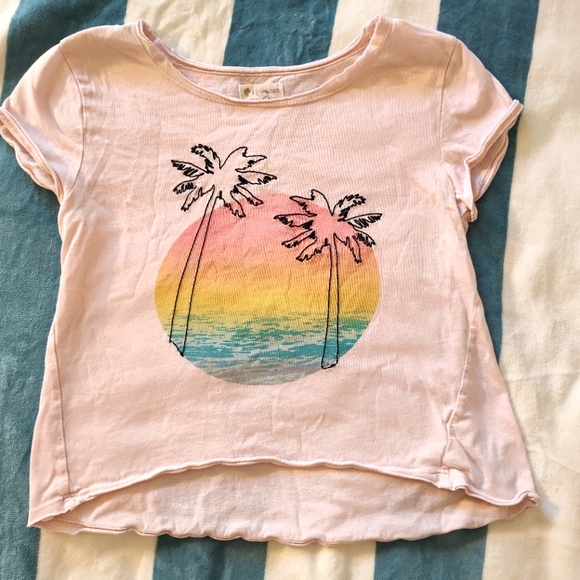 Cute Tucker + Tate Pink Tee, Ocean Sunset & Stitched Palm Trees Girls Sz. L - Picture 1 of 4